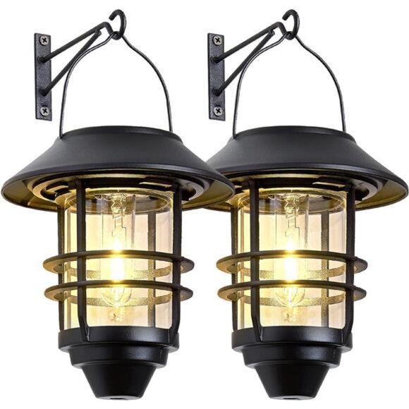 2 Pack Hanging Wireless Waterproof Solar Lantern Lights with Wall Mount Kit - Picture 1 of 7